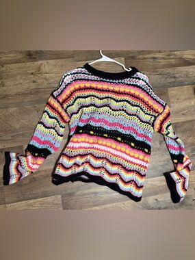 Bright Multicolor Crochet Scoop Sweater with Black Trim